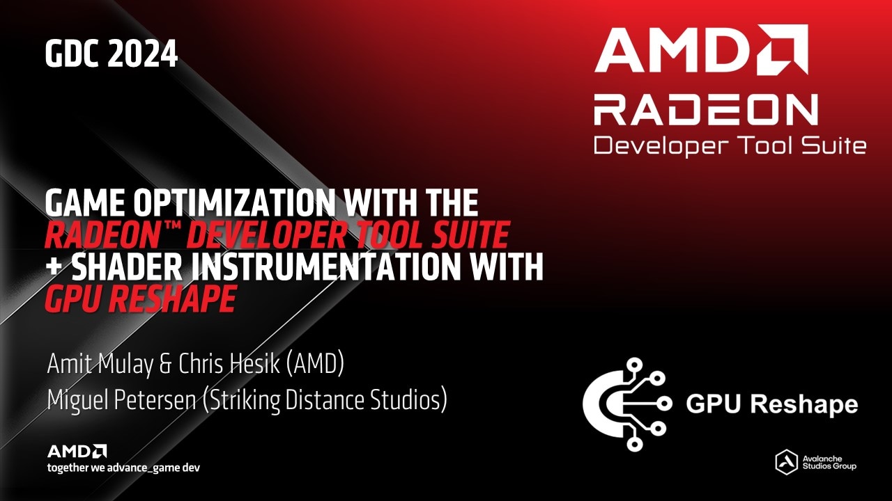 Game Optimization with the Radeon Developer Tool Suite + Shader Instrumentation with GPU Reshape with the logos for Radeon Developer Tool Suite and GPU Reshape.