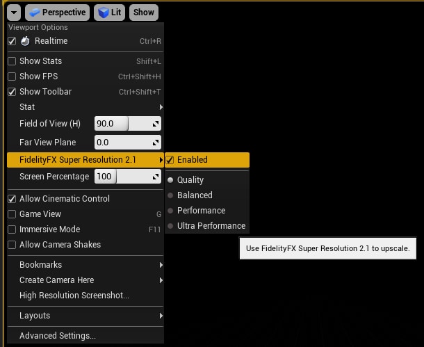 Enable FSR 2.1 in the Editor Viewport