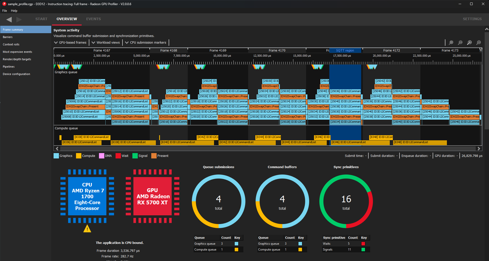 Frame summary pane in dark mode